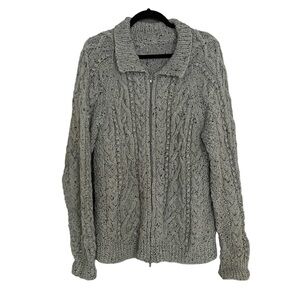 HAND KNIT Wool Zip Front Chunky Knit Cardigan Sweater Cable Knit Blue L/XL